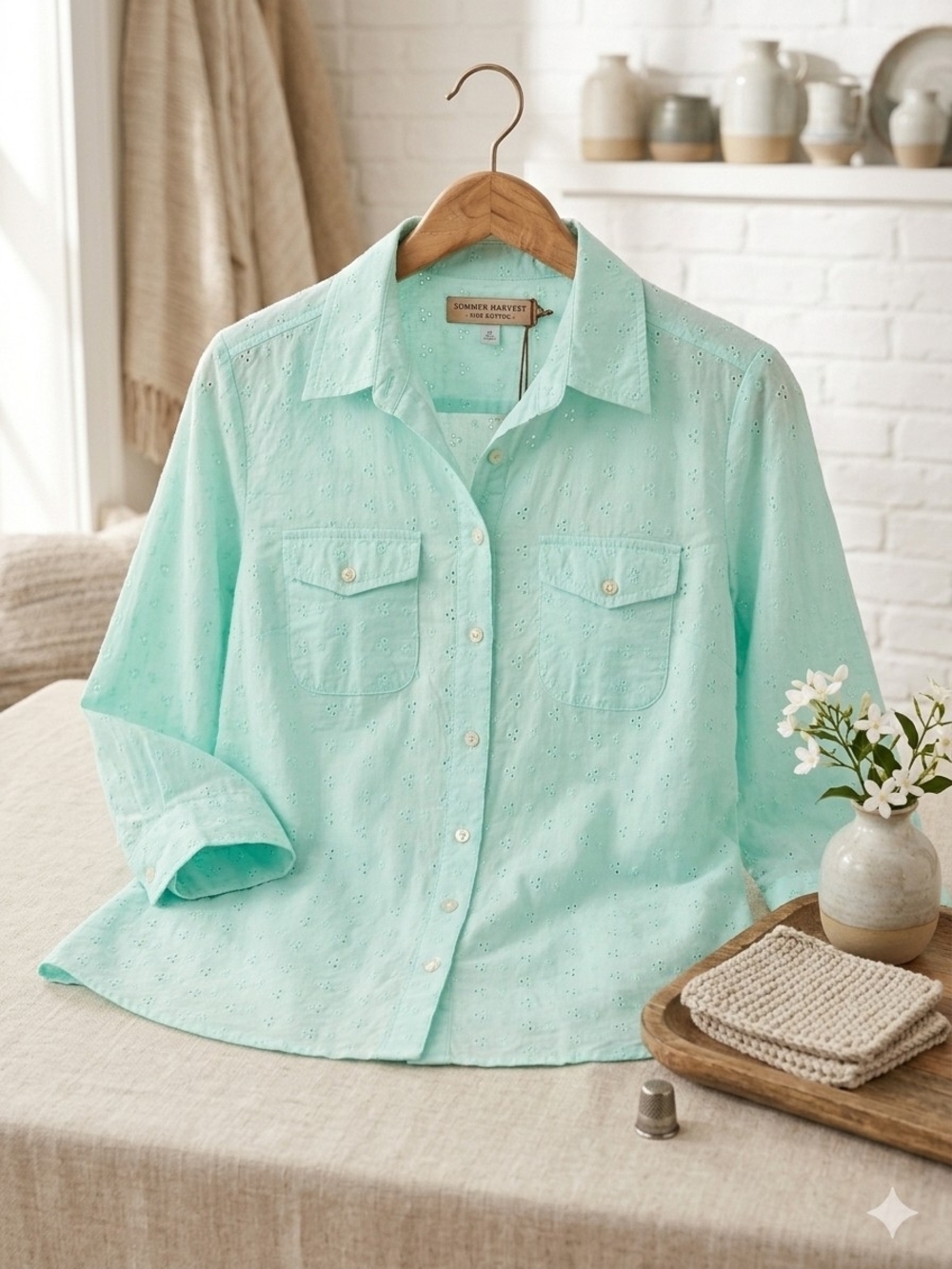 Sunriver Light Mint Eyelet Button-Down Shirt - Relaxed Collared Top